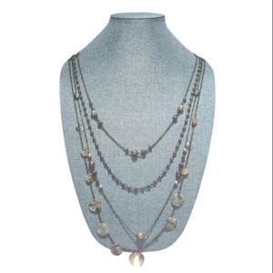 Elegant Multi-Layered Brass & Shell Statement Necklace – Faux Pearl Accents